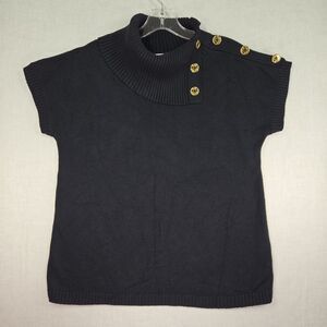 Michael Kors Black Turtleneck Sweater Large Gold Logo Buttons Short Sleeve Knit